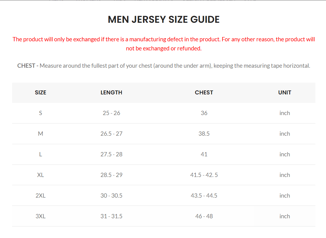 Bangladesh Football Team Home Jersey sizeChartImage